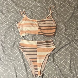 aerie Striped Two-Piece Bikini in Peach, Cream & Taupe